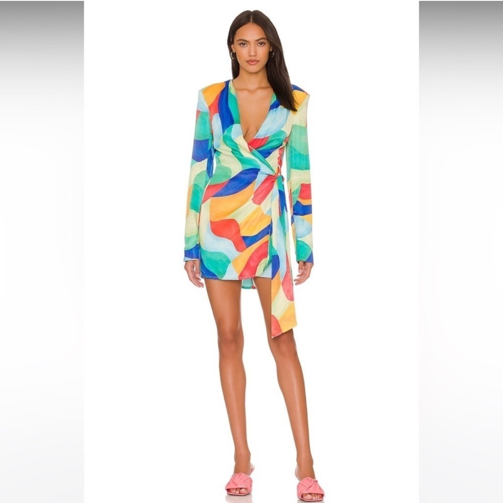 WeWoreWhat Multicolored Geometrical Pattern Cowl Front Satin Mini dress size S